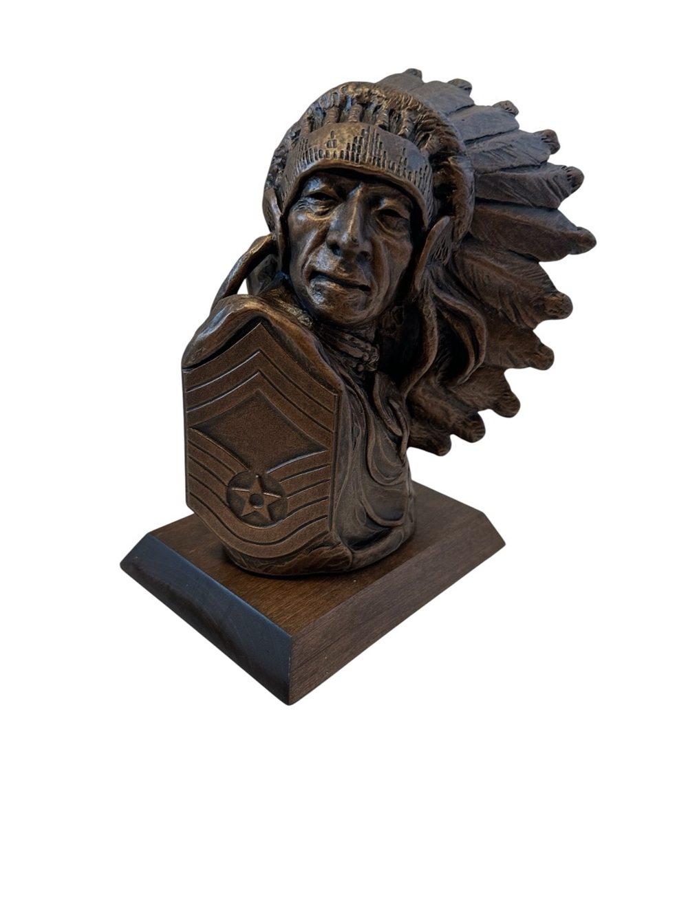 Terrance Patterson Native Chief Bust Sculpture on Wood Base Military Emblem “87”